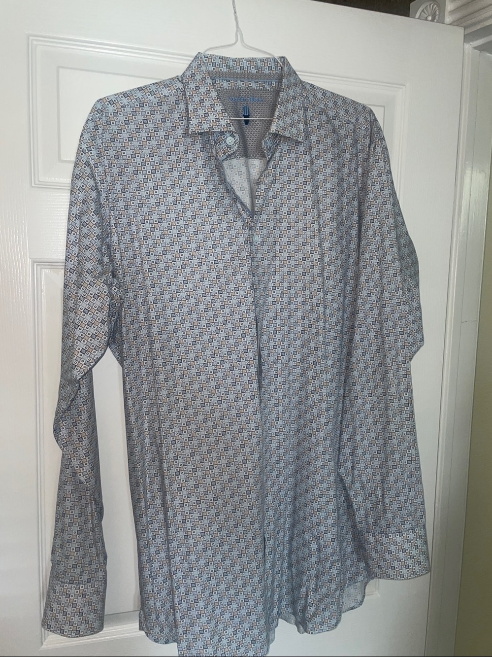 Men's Patterned Button-Up Shirt - Light Blue, Brown and white geometric